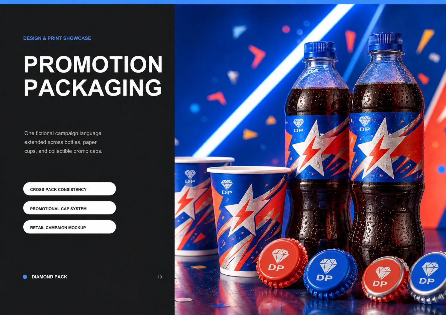 Coordinated Diamond Pack paper cup, closure and label packaging concept